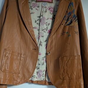 Chic Tan Leather Jacket with Floral Lining